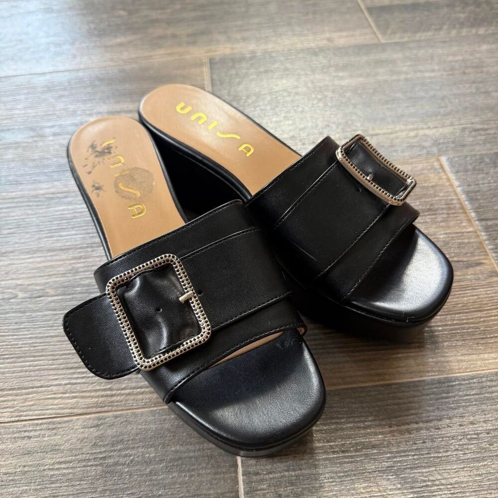Y2K unisa platform sandals black thick strap gold detail